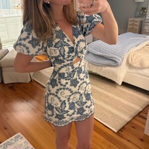 Allison Daley White Mini Dress with Blue Floral Embroidery
